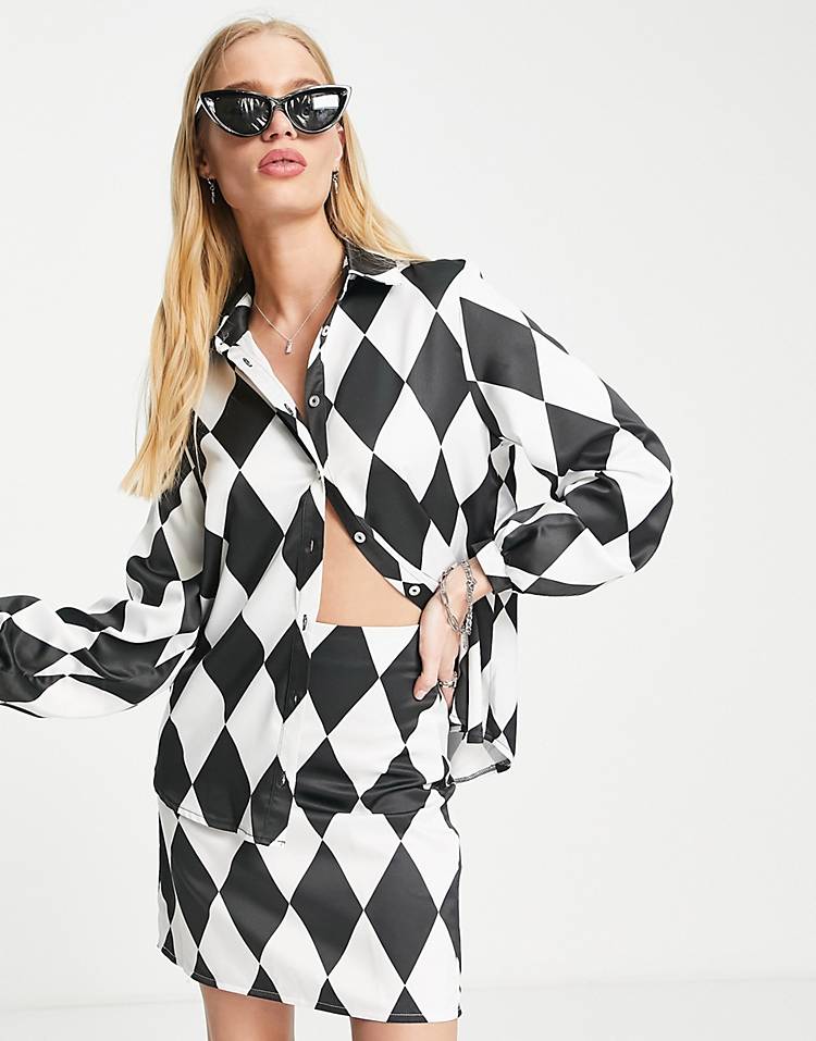 Twisted Wunder oversized shirt and body-conscious mini skirt in diamond checkerboard co